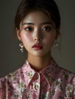 Young Asian woman wearing pink floral blouse and crystal earrings against dark background, with dramatic lighting highlighting facial features and red lipstick.