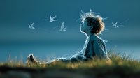 Young curly-haired person sitting on grassy hill at dusk, watching glowing ethereal butterflies float by in dreamy blue atmosphere, creating magical peaceful moment.
