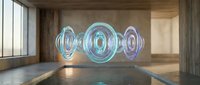 Glowing neon circles with cyan and purple light create a futuristic portal effect in an empty concrete industrial space with large windows and wooden beams.