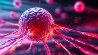 Glowing cancer cell with spreading tentacles in pink and blue tones against dark background, medical science visualization showing metastasis process.