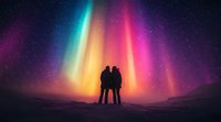 Silhouette of couple watching vibrant northern lights display with pink, turquoise and yellow aurora borealis dancing across starry night sky in magical scene.