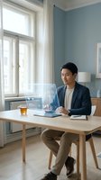 Young Asian businessman using futuristic holographic interface technology while working on laptop in modern office with natural light and blue walls.