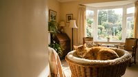 Cozy ginger tabby cat resting in a wicker basket in a warm, sunlit living room with bay window and vintage furniture.