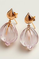 Elegant rose gold earrings with translucent pink crystal drops featuring carved teardrop design and delicate leaf-shaped studs on light background.