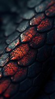 Macro shot of dark reptilian scales with glowing red highlights and textured pattern creating dramatic contrast between light and shadow. Suitable for nature designs.