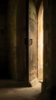 Ancient wooden door slightly ajar with warm golden light streaming through opening in medieval stone corridor creating atmospheric shadows and mystery.