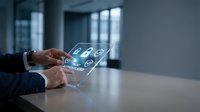 Businessman using transparent tablet with holographic interface displaying digital icons in modern office environment for technology presentations.