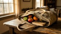 Eco-friendly canvas tote bag with fresh organic fruits on rustic wooden table in warm sunlit kitchen interior for sustainable shopping and healthy lifestyle.