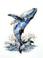 Whale breaching water with ornate blue and gold patterned skin, splashing waves, isolated on white background for design and print use.