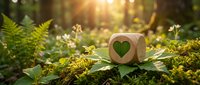 Wooden cube with green heart symbol on moss in sunlit forest. Environmental conservation, sustainability, eco-friendly concept for Earth Day campaigns.