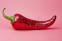 Red chili pepper with water droplets on pink background. Fresh produce, cooking ingredient, spicy food concept for culinary designs.