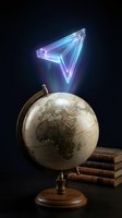 Vintage globe with glowing holographic triangle above, old books nearby on dark background. Futuristic education technology concept for learning and exploration.