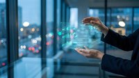Businessman hands presenting holographic financial data charts and graphs in modern office with city lights background for business analytics.