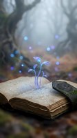 Magical glowing plant sprouting from open ancient book with water drops in mystical forest setting with floating light orbs for fantasy storytelling concepts.
