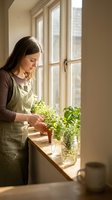 Young woman in green apron tending to herbs on sunny kitchen windowsill. Indoor gardening, sustainable living, cooking with fresh ingredients at home.