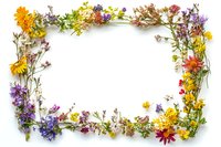 Colorful wildflower frame with yellow daisies, purple bellflowers, and pink blooms on white background, arranged in rectangular border for greeting cards and invitations.