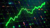 Glowing green stock market chart showing upward trend against dark digital background with grid lines and data points.