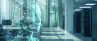 Futuristic AI humanoid profile with digital network connections in modern data center server room environment for technology concepts.