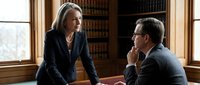 Mature woman with long blonde hair and man with gray hair and glasses in business attire having serious discussion in law library with wooden furniture and bookshelves, suitable for legal, corporate, and professional concepts.