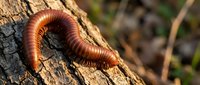 Reddish-brown millipede crawling on textured tree bark in natural forest environment, showcasing segmented body and defensive coiled posture in wildlife habitat.