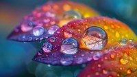 Vibrant rainbow-colored flower petal with morning dew drops creating natural lens effects. Extreme macro photography shows water droplets reflecting light in purple and orange tones.