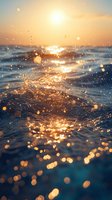 Golden sunset over ocean waves with water droplets creating sparkling bokeh effect, perfect for vacation advertisements and summer themes.