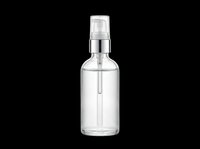 Clear glass pump bottle with silver dispenser, isolated on transparent background. Ready for cosmetic, skincare, serum, or beauty product design use, stickers, and print on demand.
