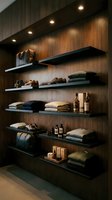 Modern retail display shelving with warm wood paneling and LED lighting showcasing folded clothing and accessories in upscale boutique interior.