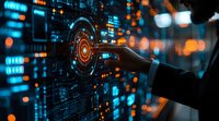 Businessman touching futuristic digital interface with glowing circles and data visualization elements against dark background with blue technology bokeh lights.