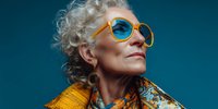 Stylish senior woman with curly silver hair wearing vibrant yellow sunglasses against teal background, dressed in colorful patterned scarf and mustard sweater.