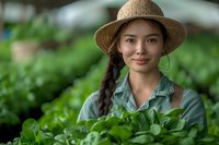 Young female farmer wearing straw hat and denim shirt standing in vegetable garden with green crops, suitable for agriculture, farming, and sustainability content.