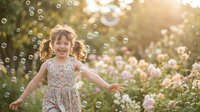 Young blonde girl in floral dress playing with soap bubbles in sunny garden with pink flowers during golden hour sunset light creating magical childhood moment.