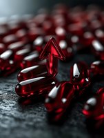 Red translucent arrow capsule rises above scattered pills on dark textured surface, dramatic lighting creates glossy reflections and shadows in pharmaceutical concept.