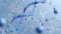 DNA molecule structure with chemical formulas and blue spheres in microscopic view, scientific research concept for genetics and biotechnology studies.
