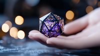 Purple and silver metallic twenty-sided gaming die with intricate floral patterns resting on open palm against blurred bokeh lights background, creating magical atmosphere.