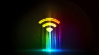 Glowing rainbow wifi symbol with streaming light particles and beams on dark background, modern technology concept for wireless connectivity and internet.