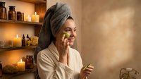 Young woman in bathrobe with towel on head applying skincare product in spa bathroom with candles and amber bottles for relaxation and beauty routine.