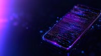 Modern smartphone displaying programming code on screen with glowing purple and blue neon lighting effects against dark background, creating futuristic cybersecurity concept.