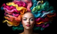 Young woman with vibrant rainbow colored wavy hair spreading against dark background, bright creative hairstyle with pink, yellow, blue and green tones.