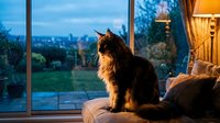 Fluffy cat sitting on couch by large window overlooking city skyline at dusk with warm interior lighting creating cozy domestic atmosphere.