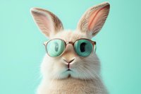 White fluffy rabbit wearing retro eyeglasses against mint green background. Close up portrait of bunny with stylish glasses showing personality and humor.