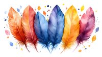 Vibrant watercolor feathers in orange, red, blue, yellow and purple arranged in decorative composition with scattered paint drops and abstract elements on white background.