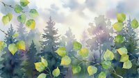 Watercolor forest landscape with green foliage and evergreen trees under soft cloudy sky, nature scene for botanical art and outdoor themed designs.