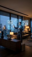 Businessman in suit holding smartphone with holographic data displays in modern high-rise office at dusk, cityscape visible through floor-to-ceiling windows, futuristic technology interface.
