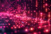 Abstract pink and red glowing dots pattern on dark background with bokeh effect and light trails creating futuristic digital landscape perspective.