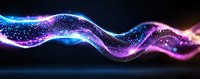Glowing wave of particles with blue and purple neon colors flowing on dark background, abstract digital art visualization showing dynamic motion.
