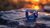 Blue sapphire emerald cut gemstone on natural stone surface with golden sunset bokeh background creates magical jewelry atmosphere with warm light reflections.
