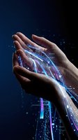 Cupped hands holding glowing digital data streams with flowing light particles and network connections on dark blue technology background.