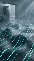 Futuristic data center with glowing cyan digital waves flowing across floor, server racks in background, representing data transfer, network connectivity, and advanced technology infrastructure.