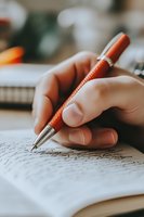 Close-up of hand writing with orange metallic pen on paper, shallow depth of field capturing intimate moment of creative writing or journaling process.